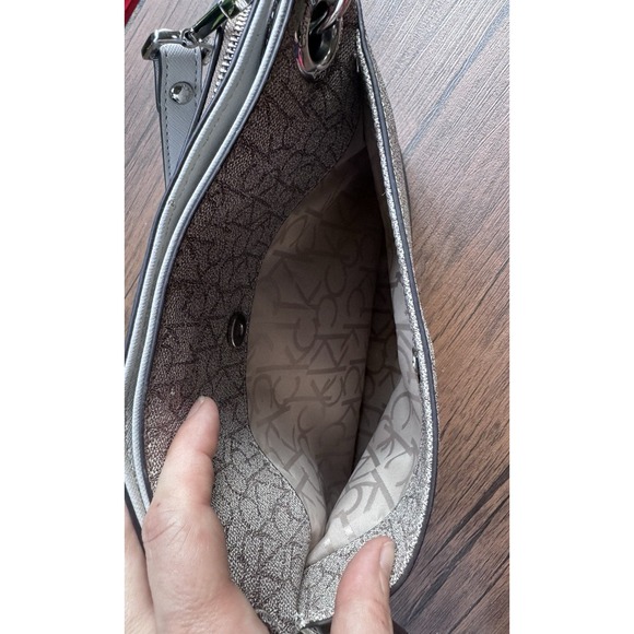 Calvin Klein Grey Handbag/Purse Adjustable Strap All Over Logo Silver Accents - Picture 7 of 12